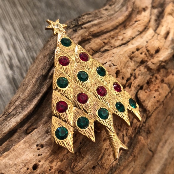 Vtg. LIA Red Green Rhinestone Christmas Tree Pin - Picture 12 of 12